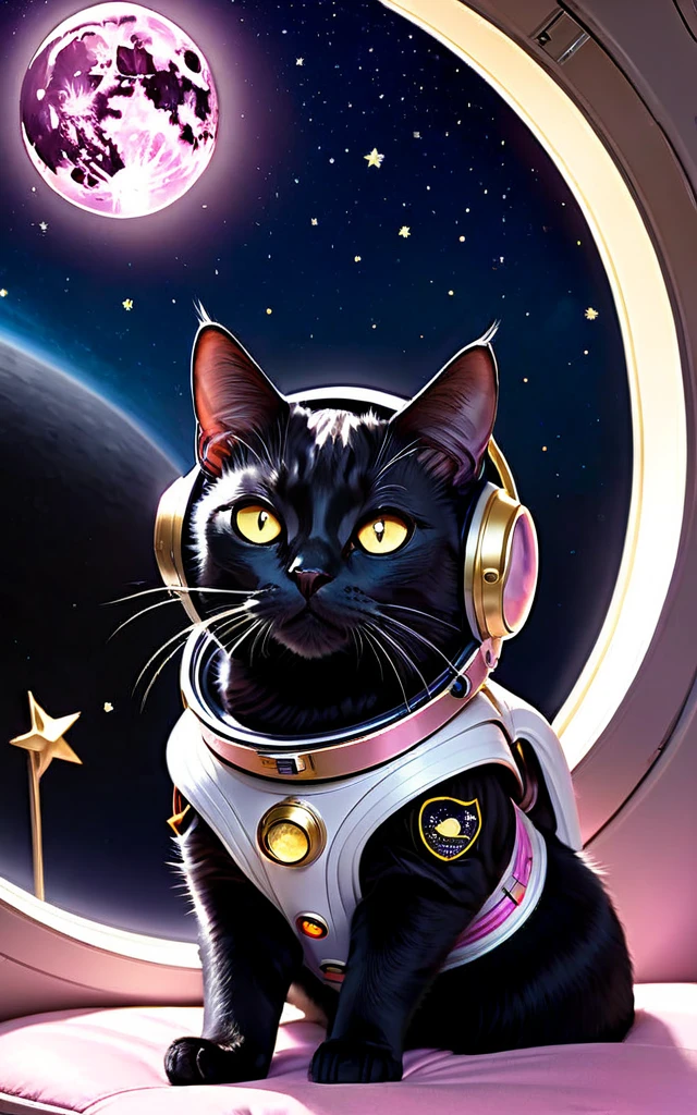 1 noble black cat、The cat's spacesuit 、My ears are sticking out of my helmet 、 sitting in a spaceship window outside the window 、Beautiful golden eyes、Stars 々 and outer space spreads out、 pink moon seen from outside the window、 has a crescent moon accessory on the collar