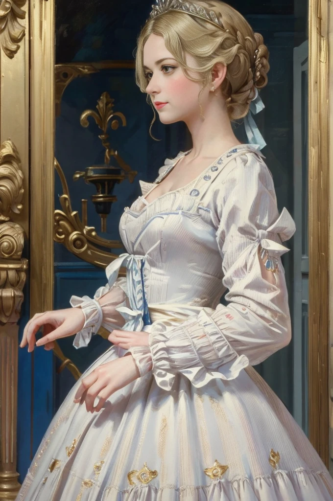 A picture of A adult girl in a gorgeous white dress with blue inserts, light red lipstick, Lumine from Genshin Impact, Marie-Antoinette, 18th century, close up face, high French hairstyle with curled hair from the 1790s, A adult girl with pale skin, golden short hair, yellow eyes, shy smiling on her face, She stands in the royal throne room of Versailles. Works inspired by Friedrich von Amerling, Inspired by Thomas Lawrence, Inspired by Franz Xaver Winterhalter, Nick Alm, oil painting style, realistic woman oil painting, elegant portrait, beautiful portrait of a woman, Inspired by Casey Baugh, elegant digital paintings, Inspired by Howard Chandler Christie, cool beauty, perfect tall model body, best quality, perfect angle, perfect composition, best shot, official art, cinematic light, supreme work of art