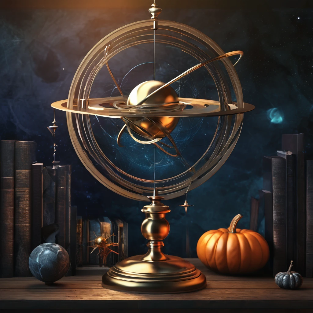 Decorate the orrery in Halloween style, background galaxy, cosmic rays, delicate and dynamic textures, contrasts of light and shadow, 2.5D, artistic photography, hyper realistic, digital graphic CG, BREAK ultra detailed, absolutely resolution, best quality