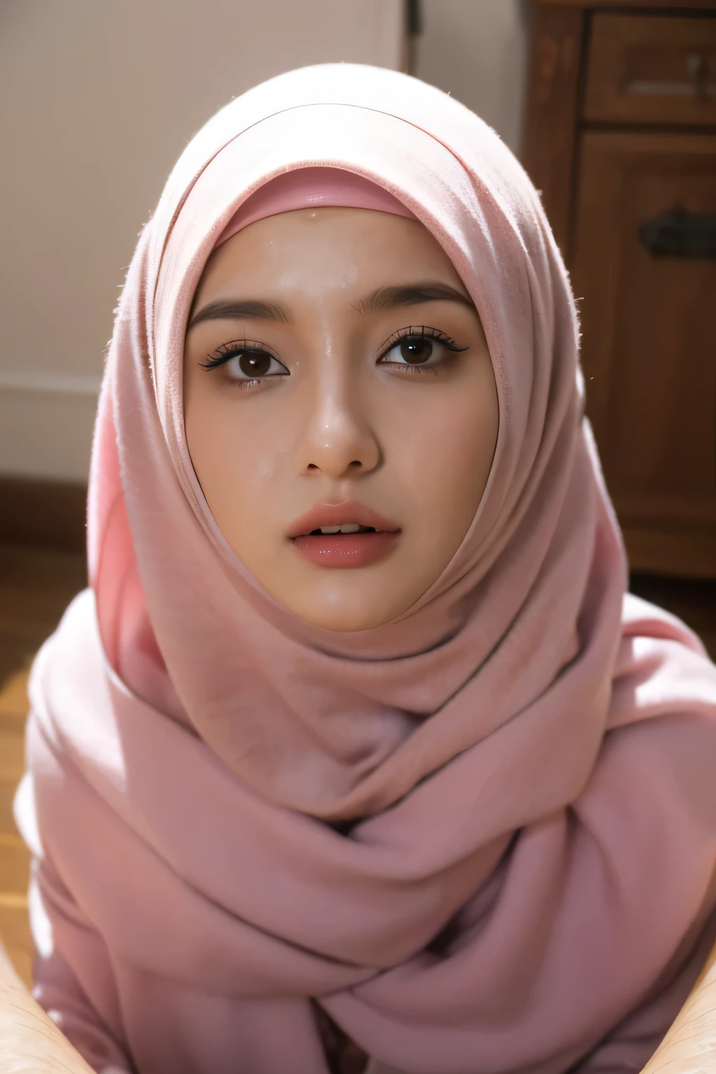 Beautiful hijabi girl doing sex with her boyfriend, pink hijab, fully naked , horny face