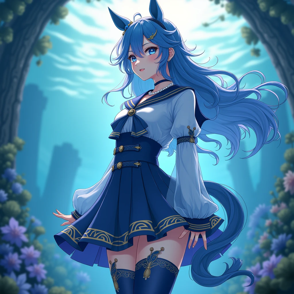 (Masterpiece) (High Detail) (High Res) A close up of A Short Humanoid Girl with pale human skin and blue eyes and long blue straight hair and blue dog ears and a fluffy blue dog tail and small breasts. She is wearing a large navy blue princess dress with a tight corset and large skirt and a golden crown. She is stood infront of a large country estate palace. She looks happy.
