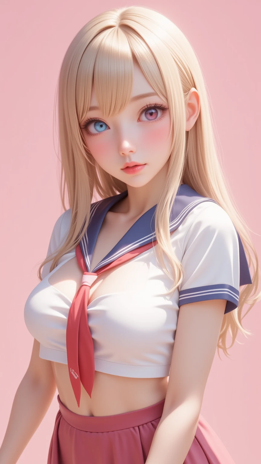 1 very young japanese girl, blonde hair, blushing, Shy, Red lips, mouth open, winking, cute overload, pale face, close up shot, Sweet, small breasts, ((best quality)), ((masterpiece)), (detailed), big expressive blue eyes, Slender、solid pink background, cute pose,  sailor suit, cleavage, slender legs, thigh highs, skinny, tight round butt, 