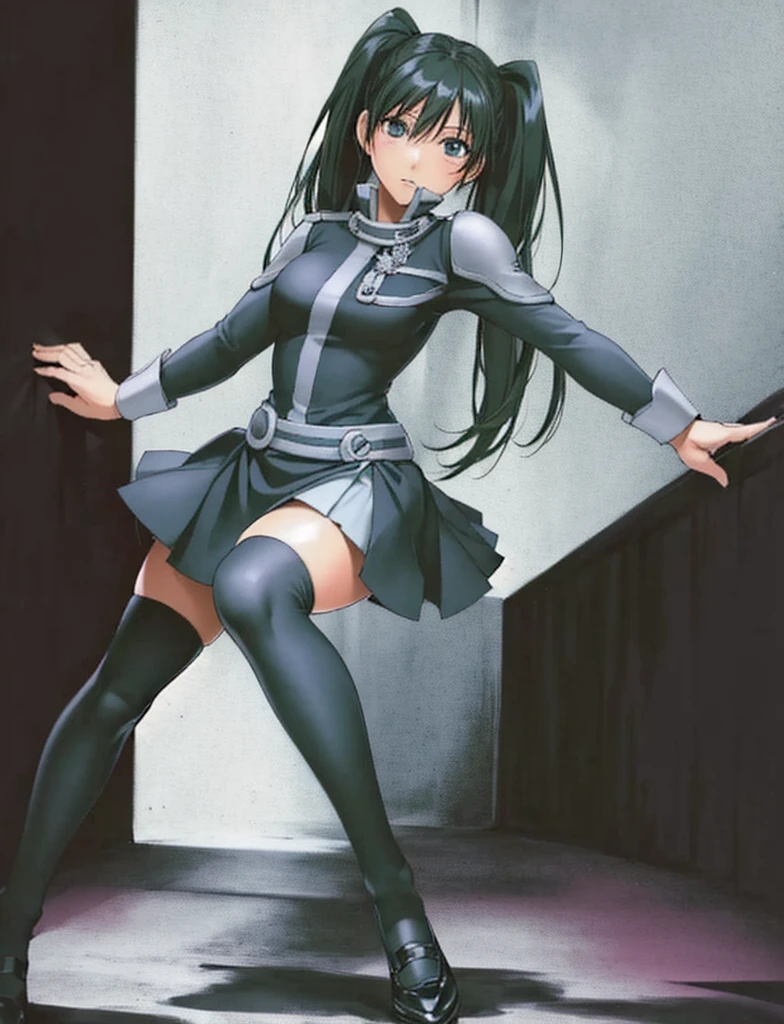 Linary, who has long, beautiful legs, is wearing black knee socks, and has twin tails that are shoulder-length, is standing in the library wearing a miniskirt uniform。High image quality。