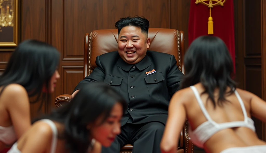 Kim Jong Un is inside a luxurious private jet with gold finishes, he is resting while drinking wine accompanied by a beautiful and sexy young woman wearing a red dress, he looks at the camera