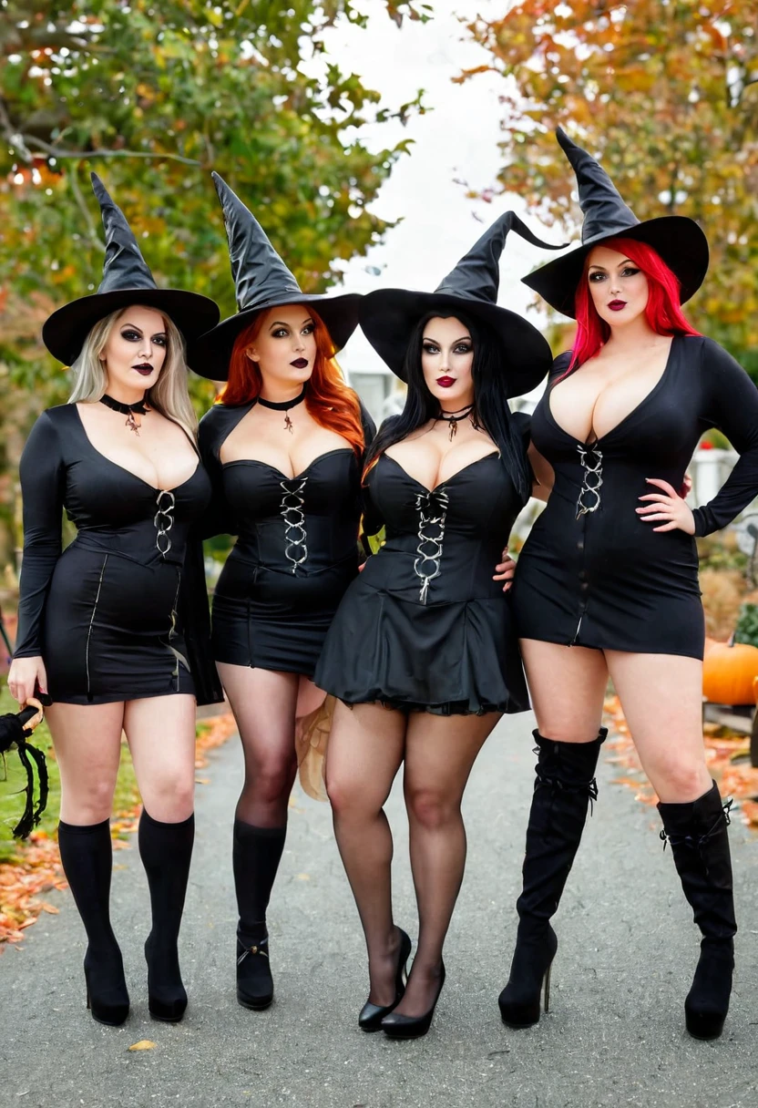 Full body shot of a group of modern day lightly clad beautiful witches with curvy bodies and large breasts, in Salem Massachusetts partaking in various activities they have to offer at Halloween