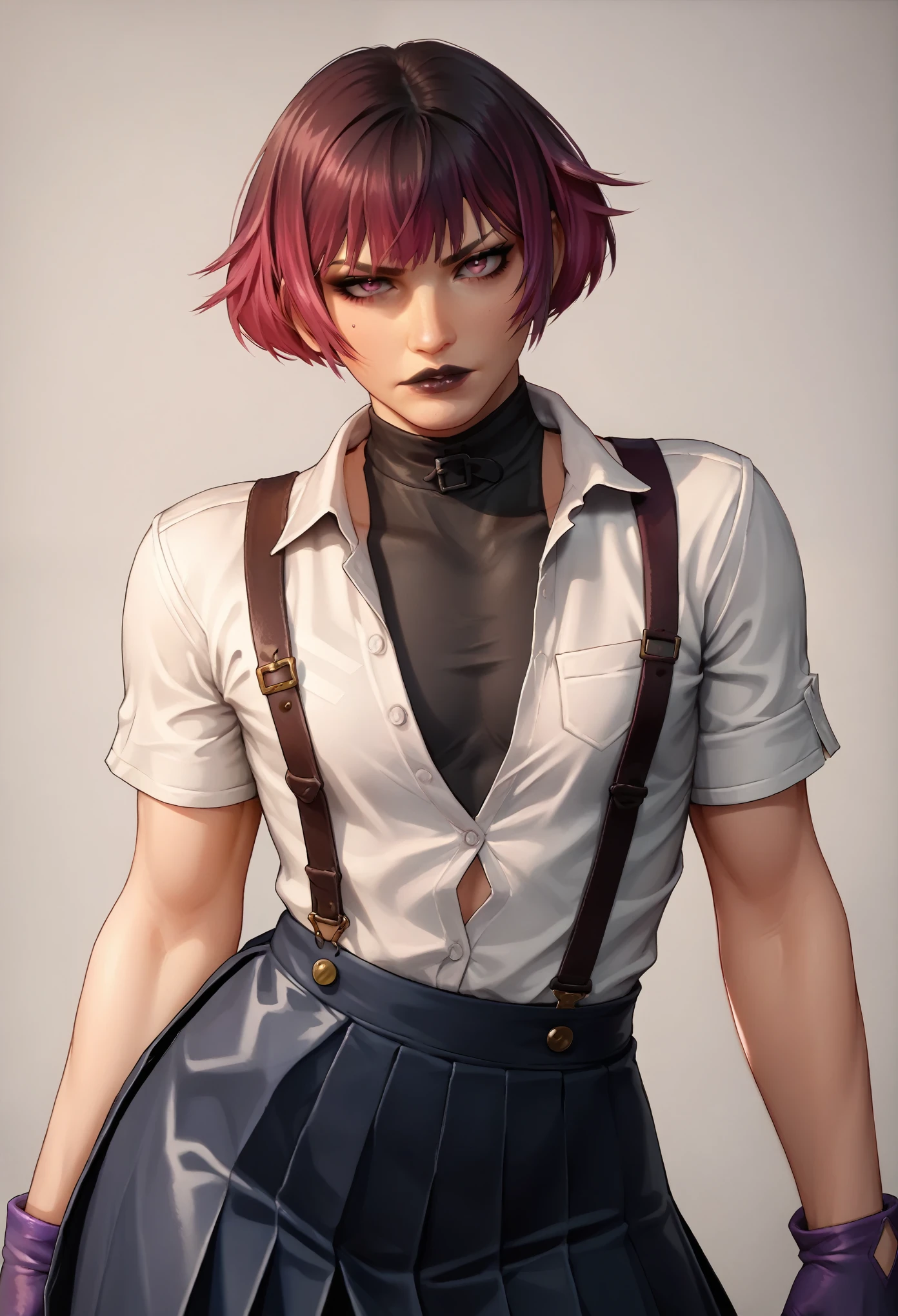 (Score_9,score_8_up, score_7_up, seductive face, seductive expression), reinamishimasdxl,femboy,looking at viewer, serious expression, hime cut, magenta hair, gloves, pink eyes, black lips, toned, button up shirt, plunging neckine, suspenders, pleated skirt, wide hips, source_anime,