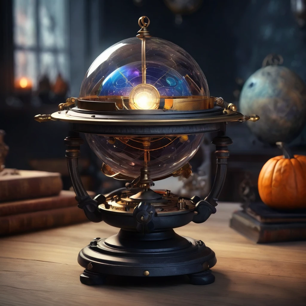 Decorate the orrery in Halloween style, background galaxy, cosmic rays, delicate and dynamic textures, contrasts of light and shadow, 2.5D, artistic photography, hyper realistic, digital graphic CG, BREAK ultra detailed, absolutely resolution, best quality