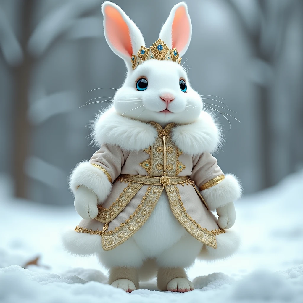 , a hare in the form of Santa Claus , stands in an embroidered red caftan with white fur, boots , With mittens ,  blue pure background ,  hare stands in full height ,on hind legs, white, downy ,  like mink wool , blue doll eyes ,  high snow-white ears , smiles,  on his head, a red-kalpak hat with white fluffy fur, ( coat beautiful ,  embroidered with gold and silver , white fur mittens .  Pale blue skirt ,  white boots with fur , 8 k.12K ,