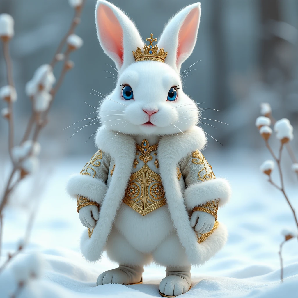 , a hare in the form of Santa Claus , stands in an embroidered red caftan with white fur, boots , With mittens ,  blue pure background ,  hare stands in full height ,on hind legs, white, downy ,  like mink wool , blue doll eyes ,  high snow-white ears , smiles,  on his head, a red-kalpak hat with white fluffy fur, ( coat beautiful ,  embroidered with gold and silver , white fur mittens .  Pale blue skirt ,  white boots with fur , 8 k.12K ,