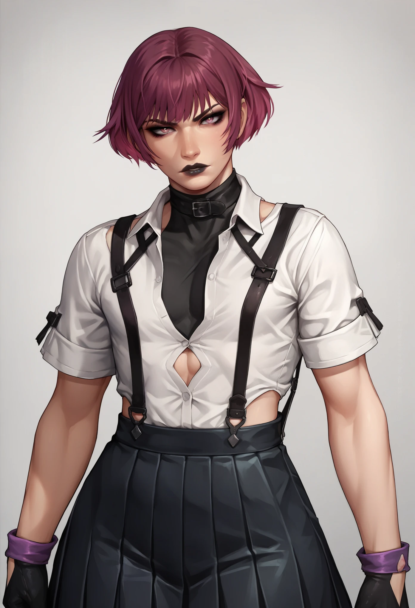 (Score_9,score_8_up, score_7_up, seductive face, seductive expression), reinamishimasdxl,femboy,looking at viewer, serious expression, hime cut, magenta hair, gloves, pink eyes, black lips, toned, button up shirt, plunging neckine, suspenders, pleated skirt, wide hips, source_anime,