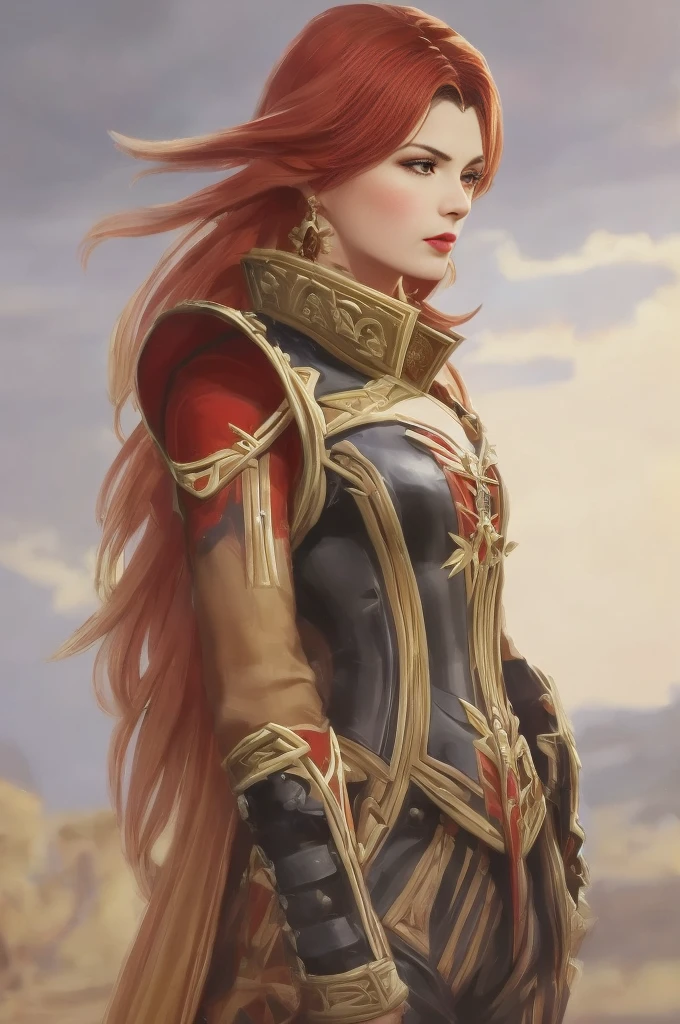 A picture of A knight woman in a magnificent The Spanish Conquistador red armor and black pants of the 18th century, red lipstick, Mavuika from Genshin Impact, 18th century, Spanish Conquistador, Spanish hairstyle from the 1790s, red hair, yellow eyes, a mole under the lower lip, her happy face looking at the viewer, She stands in the middle of the Spanish square surrounded by people, outdoors, outside, autumn, grey clouds, rainy weather, Works inspired by Friedrich von Amerling, Inspired by Thomas Lawrence, Inspired by Franz Xaver Winterhalter, Nick Alm, oil painting style, realistic woman oil painting, elegant portrait, beautiful portrait of a woman, Inspired by Casey Baugh, elegant digital paintings, Inspired by Howard Chandler Christie, cool beauty, perfect tall model body, best quality, perfect angle, perfect composition, best shot, official art, cinematic light, supreme work of art