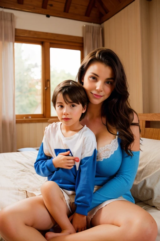 young boy sitting on his mother's lap in a cozy bedrooms, blue appropriate underwear clothes. mommy and son, 1boy, thick thighs, just give me jackpots please, special, ohh a lap sitter which is a young boy on the female's lap, the young boy directly sitting on her lap, thats the young boy's mom, young boy is sitting on his mother's lap, big thighs the mother has, lap sitting on mom, sitting on mommy's lap