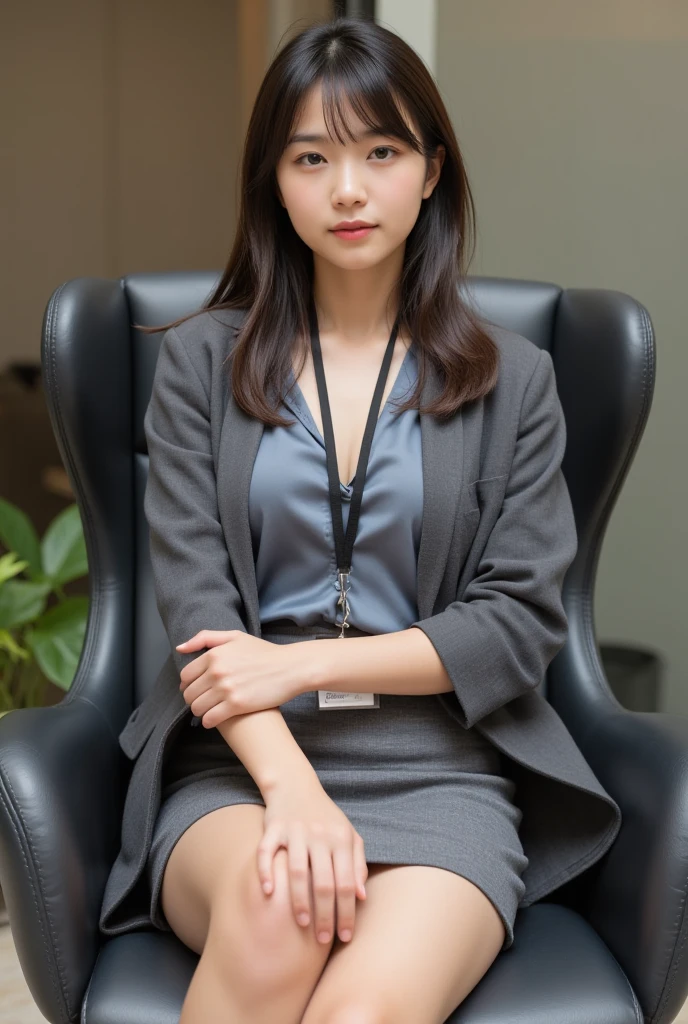 A sharp close-up of a young Asian woman sitting in a stylish office chair. Her short gray skirt hugged her legs as she sat confidently. Her gray shirt had a few buttons undone, revealing a large cleavage. Pair it with a fitted gray coat. It feels professional yet stylish. A long employee badge dangles around her neck. A long employee badge dangles around her neck.