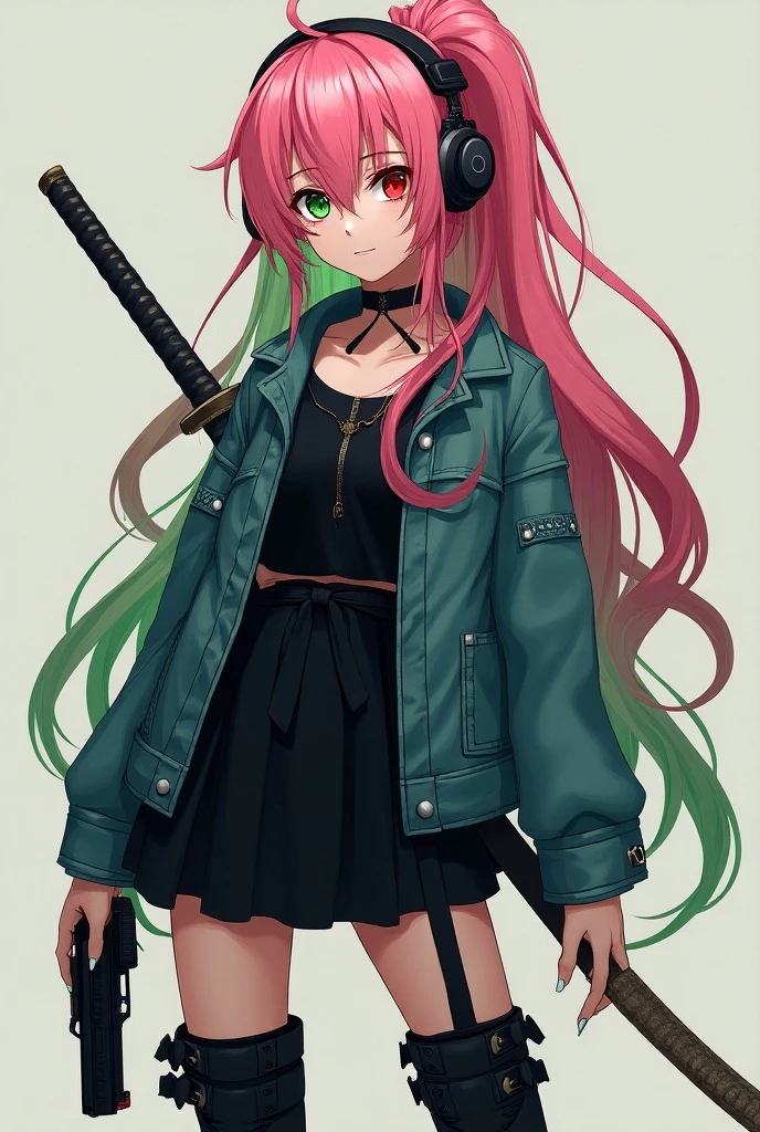 punk, 1girl, solo, Mitsuri Kanroji, twin ponytails, dark pink makeup, black lips, breasts, looking at viewer, skirt, large breasts, pink and green hair, long hair, jewelry, jacket, ass, earrings, miniskirt, piercing, spikes, cropped jacket, spiked collar, leather jacket, leather skirt, fingerless gloves, gothic personality, room, dark decorate room, in night, masterpiece, best quality, highly detailed