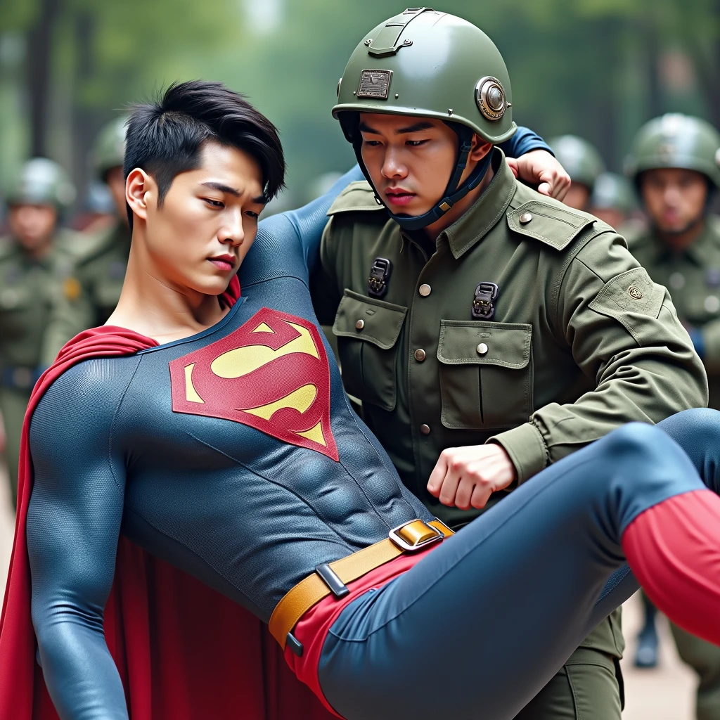 Superman,  30-year-old Korean face , Attractive, the blue Superman suit with muscular,, (Black undercut ,   blue leggings and red cape and red boots and red panties：0.8), 16k,UHigh quality, [dslr,  crazy details , Winning photos,HD
Superman was unconscious and picked up by soldiers