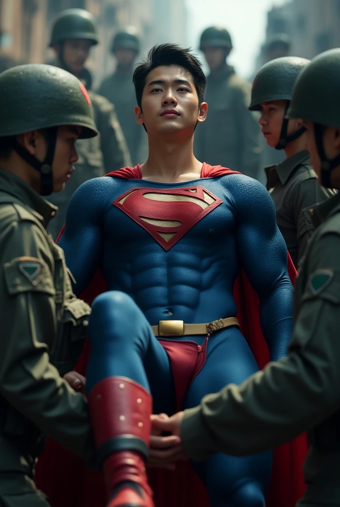 Superman,  30-year-old Korean face , Attractive, the blue Superman suit with muscular,, (Black undercut ,   blue leggings and red cape and red boots and red panties：0.8), 16k,UHigh quality, [dslr,  crazy details , Winning photos,HD
Superman was unconscious and picked up by soldiers