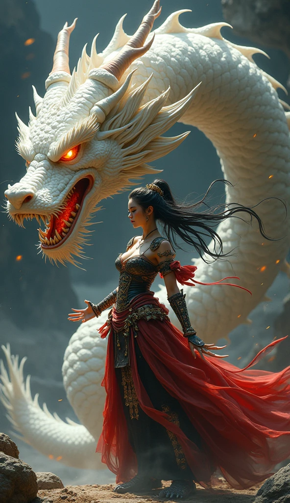 masterpiece, best quality,Chinese fairy, 1girl\(loli\) and iris red dragon, Chinese dragon pan glaring at girl, bun, dark gray background,