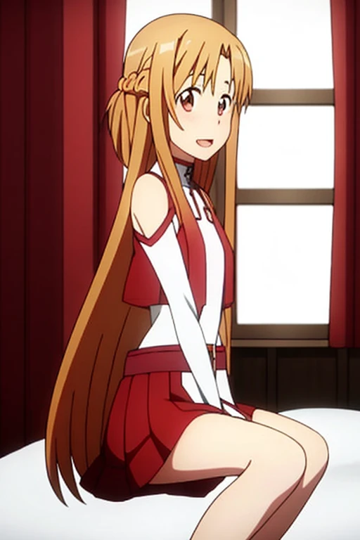 ((Best Quality)), ((masterpiece)), (be familiar with),  perfect face, indoor, bedroom,  watching viewers,
One woman, Yuuki Asuna,
Open Mouth, Ecstatic expression, blush, smile,
Small breasts,  flat chest, , , child, Girl,
Long Hair,  long hair,
Leg spread,