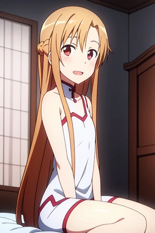 ((Best Quality)), ((masterpiece)), (be familiar with),  perfect face, indoor, bedroom,  watching viewers,
One woman, Yuuki Asuna,
Open Mouth, Ecstatic expression, blush, smile,
Small breasts,  flat chest, , , child, Girl,
Long Hair,  long hair,
Leg spread,