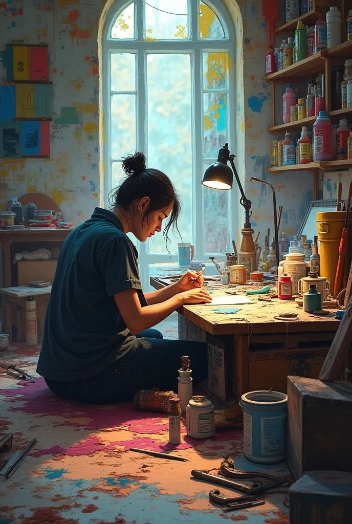 full body, Beautiful Woman painting on wood, artist studio, by artgerm and Edouard Bisson, highly detailed, art by Stanley Artgerm, Charlie Bowater, Atey Ghailan and Mike Mignola, by greg rutkowski, oil painting, heavy strokes, paint dripping, kids story book style, muted colors, watercolor style, 
empty paint cases on the floor, brushes on the floor, painter girl with brushes and colors, girl with paint-smeared apron,
beautiful girl painting artwork,
hands and apron stained with paint,