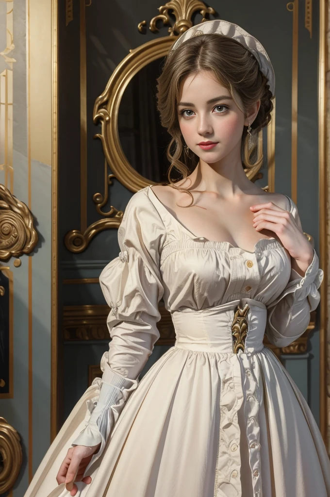 A picture of A adult girl in a gorgeous white dress with blue inserts, light red lipstick, Lumine from Genshin Impact, Marie-Antoinette, 18th century, close up face, high French hairstyle with curled hair from the 1790s, A adult girl with pale skin, golden short hair, yellow eyes, shy smiling on her face, She stands in the royal throne room of Versailles. Works inspired by Friedrich von Amerling, Inspired by Thomas Lawrence, Inspired by Franz Xaver Winterhalter, Nick Alm, oil painting style, realistic woman oil painting, elegant portrait, beautiful portrait of a woman, Inspired by Casey Baugh, elegant digital paintings, Inspired by Howard Chandler Christie, cool beauty, perfect tall model body, best quality, perfect angle, perfect composition, best shot, official art, cinematic light, supreme work of art