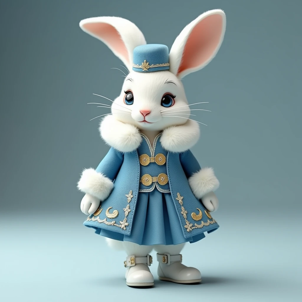 , a hare in the form of Santa Claus , stands in an embroidered red caftan with white fur, boots , With mittens ,  blue pure background ,  hare stands in full height ,on hind legs, white, downy ,  like mink wool , blue doll eyes ,  high snow-white ears , smiles,  on his head, a red-kalpak hat with white fluffy fur, ( coat beautiful ,  embroidered with gold and silver , white fur mittens .  Pale blue skirt ,  white boots with fur , 8 k.12K ,