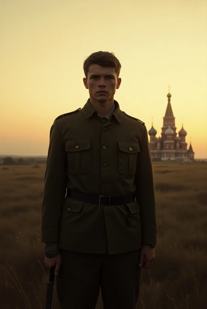 A thin teenage boy with glasses stands against the background of a parade of fantastic tanks on Red Square