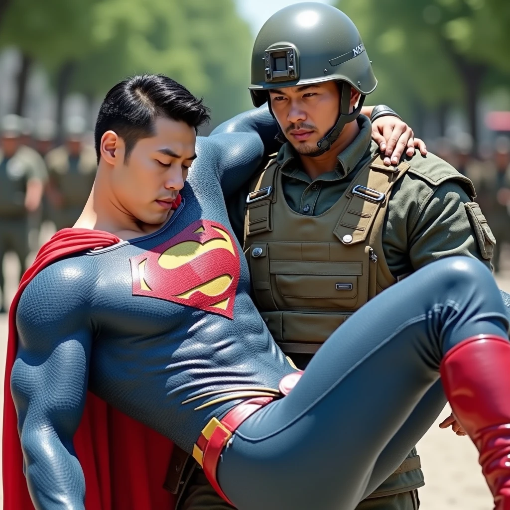 Superman,  30-year-old Korean face , Attractive, the blue Superman suit with muscular,, (Black undercut ,   blue leggings and red cape and red boots and red panties：0.8), 16k,UHigh quality, [dslr,  crazy details , Winning photos,HD

Superman was unconscious, his eyes closed, and his whole body was limp as he was picked up by A male soldier.