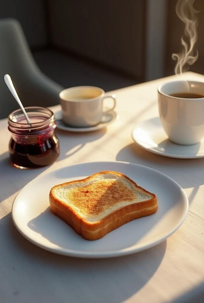 White plate,  dining table with stylish tablecloth, Moderately baked toast , Solo toast :1.3,  blueberry jam , Jam jar ,  lid open ,  spoon stuck ,  coffee cup ,  steam is coming out, ((Realistic)), ((UHD, masterpiece, super detail, high details, best quality, 8k))@NikuU34