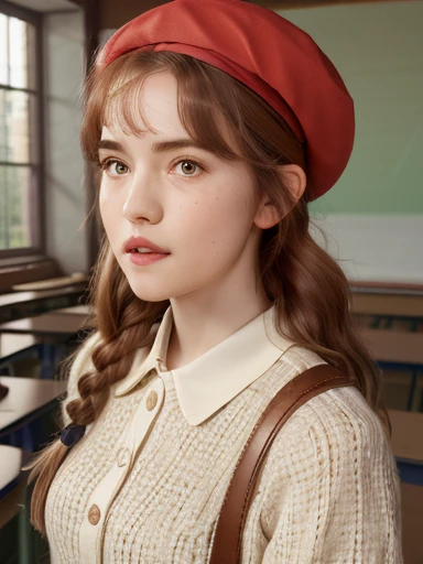 ( The best quality ,4k,8K,highres, masterpiece :1.2), Ultra detailed,(realistic,photorealistic,photo-realistic:1.37), (( A girl in the classroom ,  She wears a shirt , skirt and beret ., shy,  braided red hair , pale skin)), (( thin body,  Medium bust size))