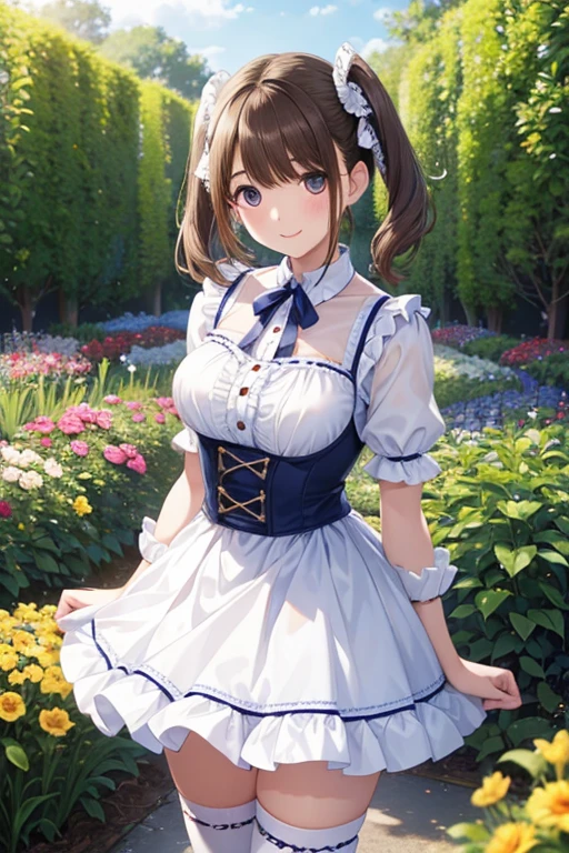 Delicate Composition, hyper detailed, best quality, blurry foreground, dynamic view, 1 girl, (seductive smile:0.6), solo, large breasts, hair in takes, beautiful detailed garden, fluttered detailed petal, grow, white fishnets, aichan, standing, microskirt