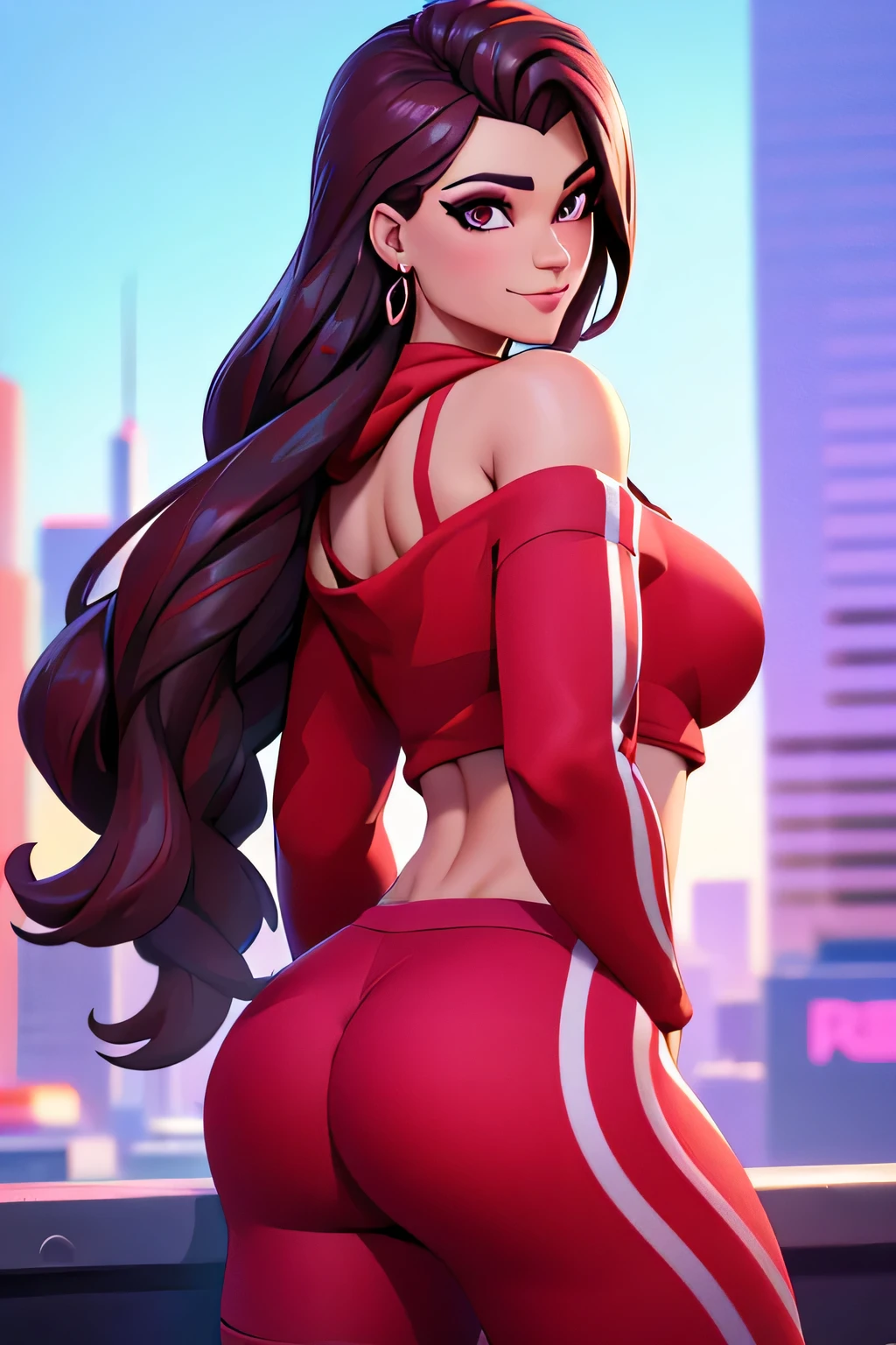 Ruby , (fortnite),1girl, solo, long hair, looking at viewer, smile, breasts, city background, butt, bare shoulders, tight shirt, closed mouth, portrait, red sweatshirt, skin tight pants, red sports pants, seductive, realistic, best quality, masterpiece, ultra detail, ultra high res, extreme detail, 8k, uhd