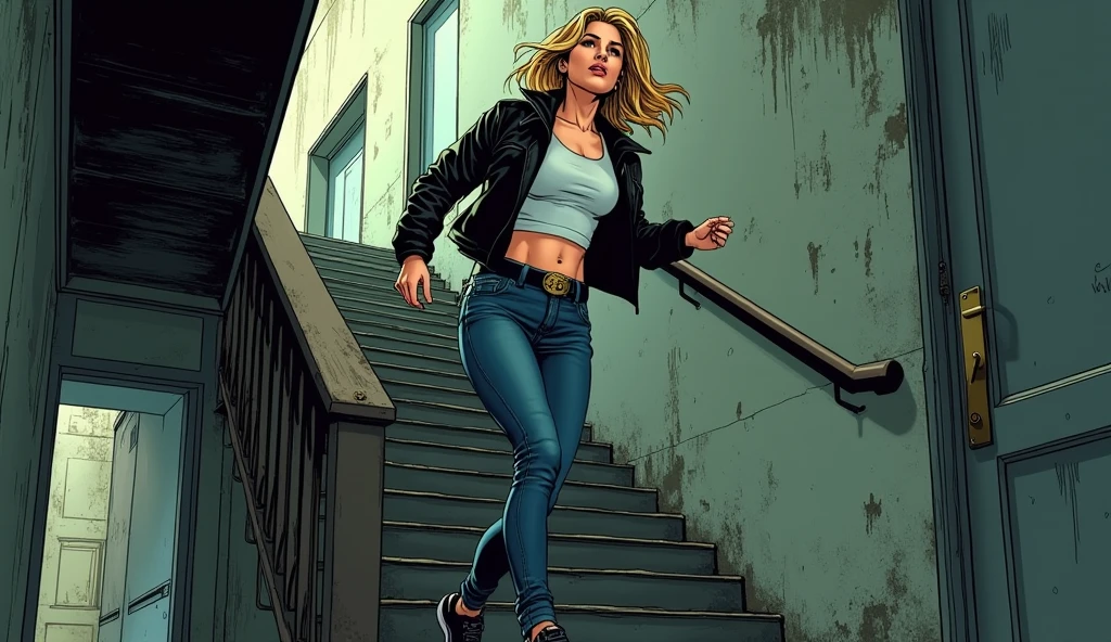 one person, sexy female blond character, green eyes, pink long-sleeve T-shirt, black leggings, fighting with monsters in forest
