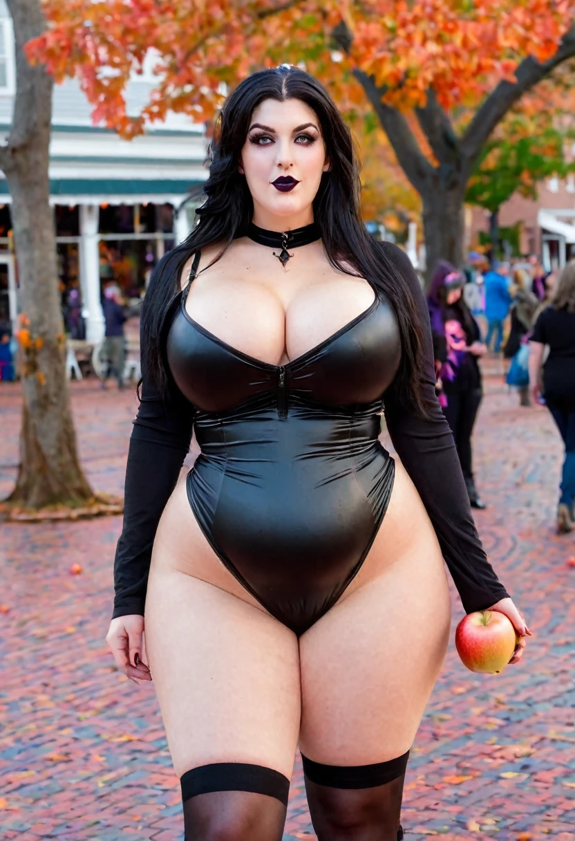 Full body shot of a modern day lightly clad beautiful witch with a curvy body and large breasts, in Salem Massachusetts partaking in various activities they have to offer at Halloween, she is bobbing for apples in the town square