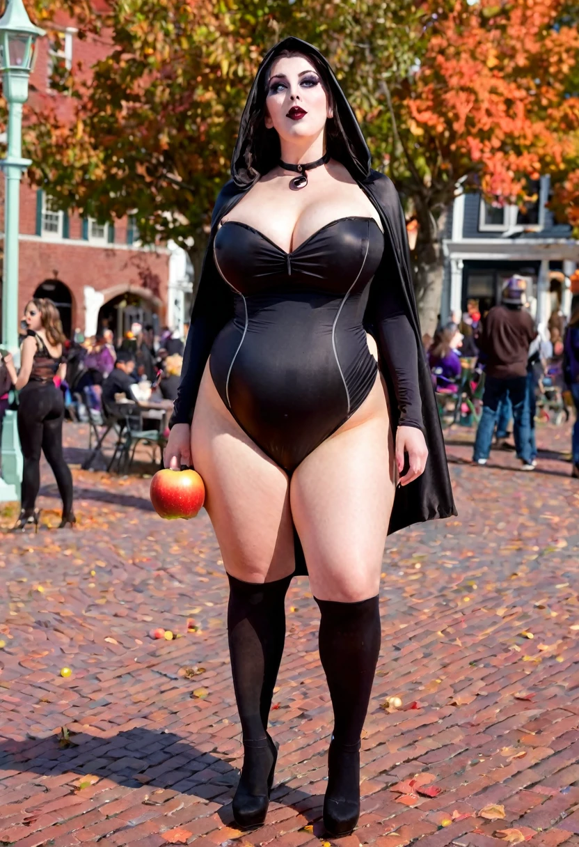 Full body shot of a modern day lightly clad beautiful witch with a curvy body and large breasts, in Salem Massachusetts partaking in various activities they have to offer at Halloween, she is bobbing for apples in the town square