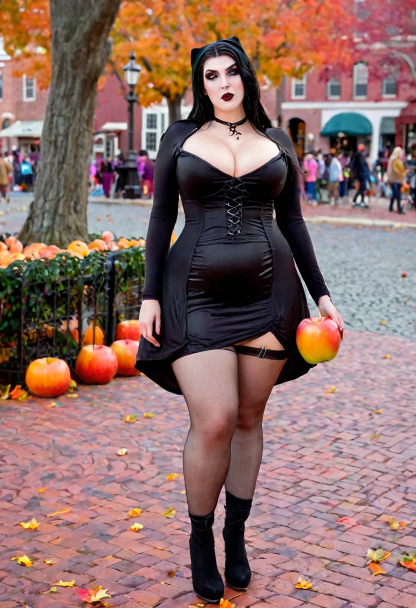 Full body shot of a modern day lightly clad beautiful witch with a curvy body and large breasts, in Salem Massachusetts partaking in various activities they have to offer at Halloween, she is bobbing for apples in the town square