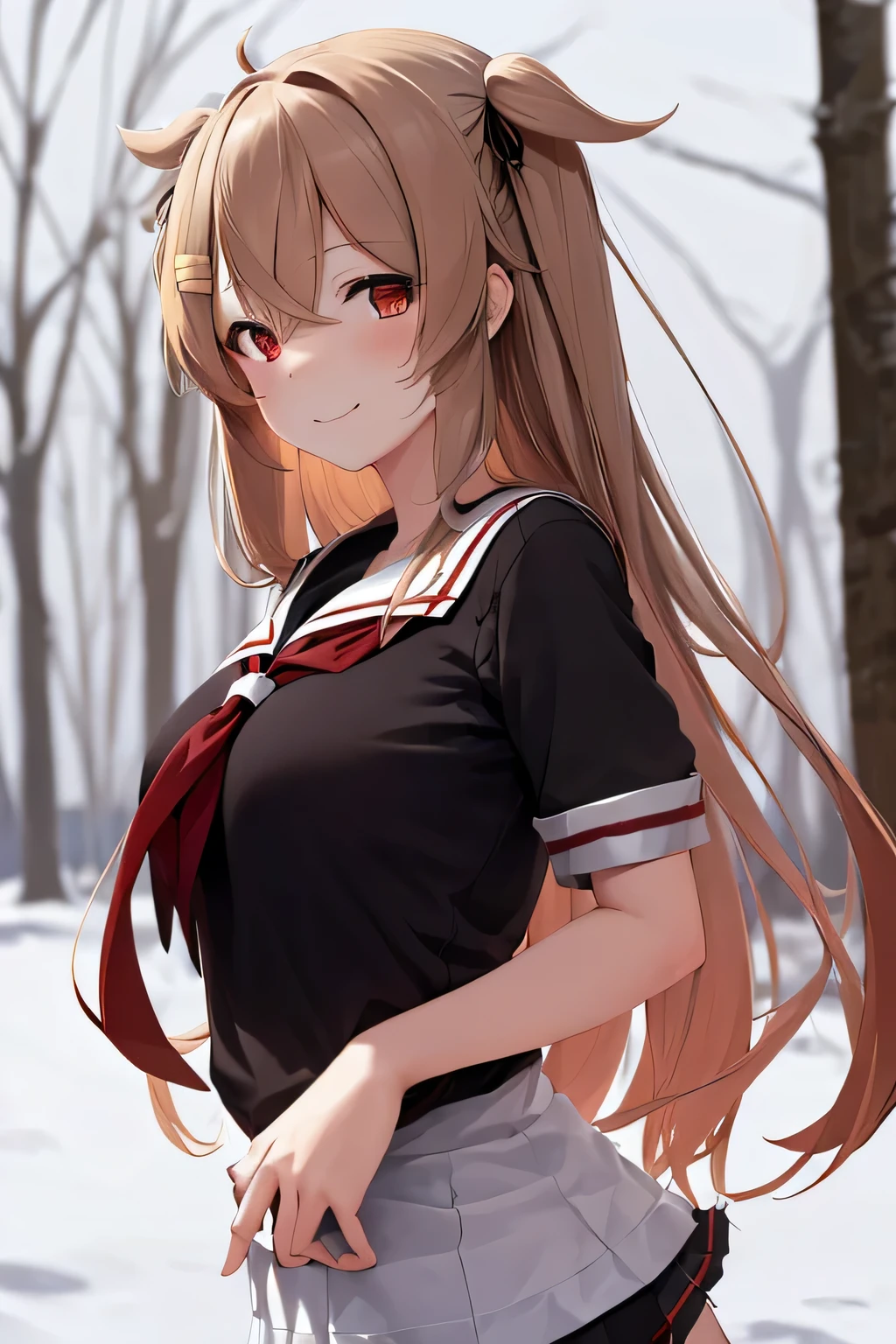 (masterpiece), 1girl, bbmurasa, long hair, two side up, hair flaps, hairclip, heterochromia, red eyes, brown eyes, white sailor collar, red neckerchief, black shirt, Dynamic Angle, highly detailed, best quality, looking at viewer, (large breasts), outdoor, gentle smile, close-up, nsfw