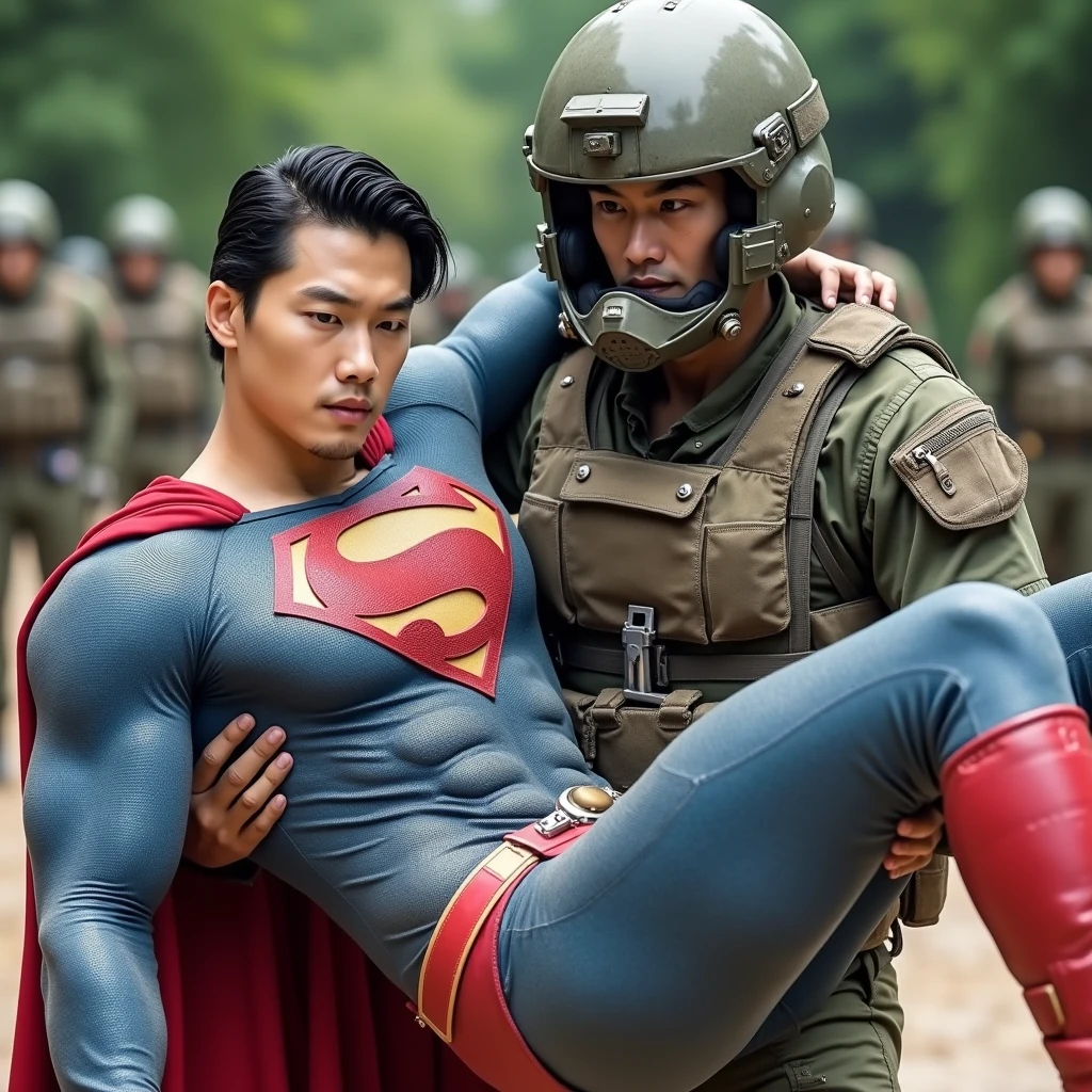 Superman,  30-year-old Korean face , Attractive, the blue Superman suit with muscular,, (Black undercut ,   blue leggings and red cape and red boots and red panties：0.8), 16k,UHigh quality, [dslr,  crazy details , Winning photos,HD

Superman was unconscious, his eyes closed, and his whole body was limp as he was picked up by A male soldier.