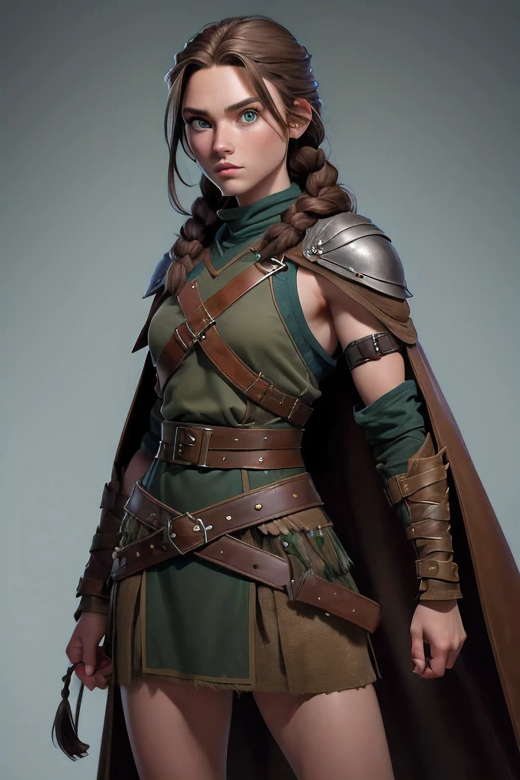 ( masterpiece , The best quality ) (young warrior woman of nordic descent), (combat position) (green eyes), (muscle shirt), (fur skirt), (Brown hair color),(loose hair with small braids on the scalp), (leather strap top) feathers, cape over the shoulder, bufas, (blue, gray and brown suit).
