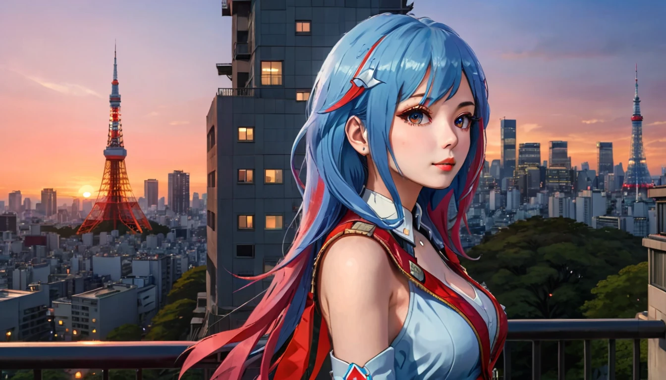 A beautiful woman with long, flowing blue hair, gazing confidently to the side. Keep her appearance and expression the same. Change the background to depict the surroundings of Tokyo Tower, with the iconic red and white structure prominently visible, surrounded by modern city buildings and parks. The sky should show a vibrant sunset, casting a warm orange and pink glow over the scene, reflecting off the city skyline. Maintain the detailed, vibrant colors and soft lighting of the original image."

