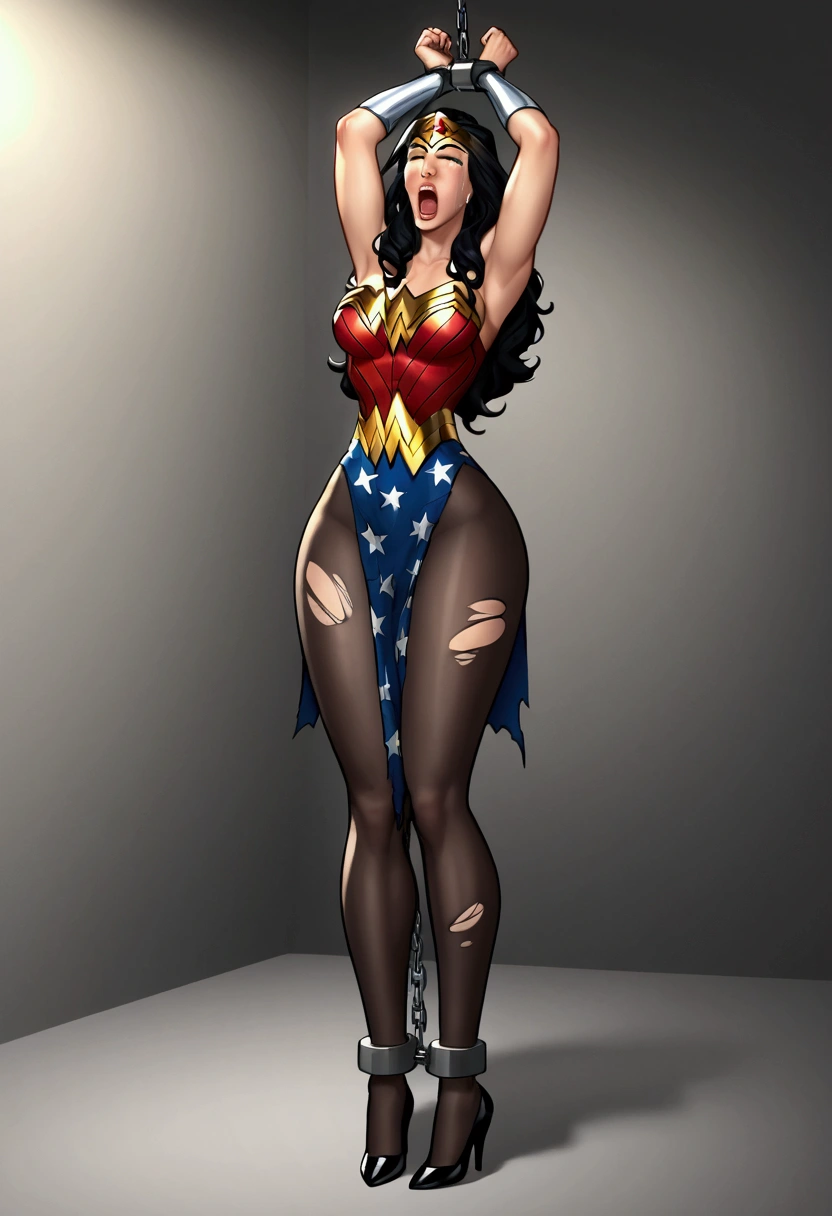 A Wonder Woman , desnuda, arms up,  normal breasts , standing. long legs,  big thighs,  black pantyhose is looking at me, black heels,  is looking at me , is screaming and crying ,  tied up in the dungeon.  chains on your hands and ankles , Your suit is torn . wide waist, prominent hips, high.