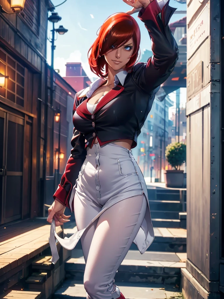 30-year-old woman, alone, alone, athletic, sensual, big breasts, red nails, semi-short red hair, wears brown pants, white shirt, open black jacket, video game character, The King of Fighters, Iori Yagami, blue fire, moonlight, young woman, beautiful perfect hands and fingers, perfect legs, beautiful body, beautiful nose, beautiful character design, perfect face, looks at viewer (focusing on the entire character), closed mouth, Light_Smile, official art, Background 8k CG display, extremely detailed unit, perfect lighting, bright and colorful front lighting, glossy skin (masterpiece: 1.0), (best quality: 1.0), ultra-high resolution, 4K, ultra-detailed photography, 8K, HDR, high resolution, nonsense: 1.2, Kodak portra 400, film grain, background blur, bokeh: 1.2, lens flare, (vibrant_color: 1.2), professional photography, (beautiful_face: 1.5), (narrow waist)
