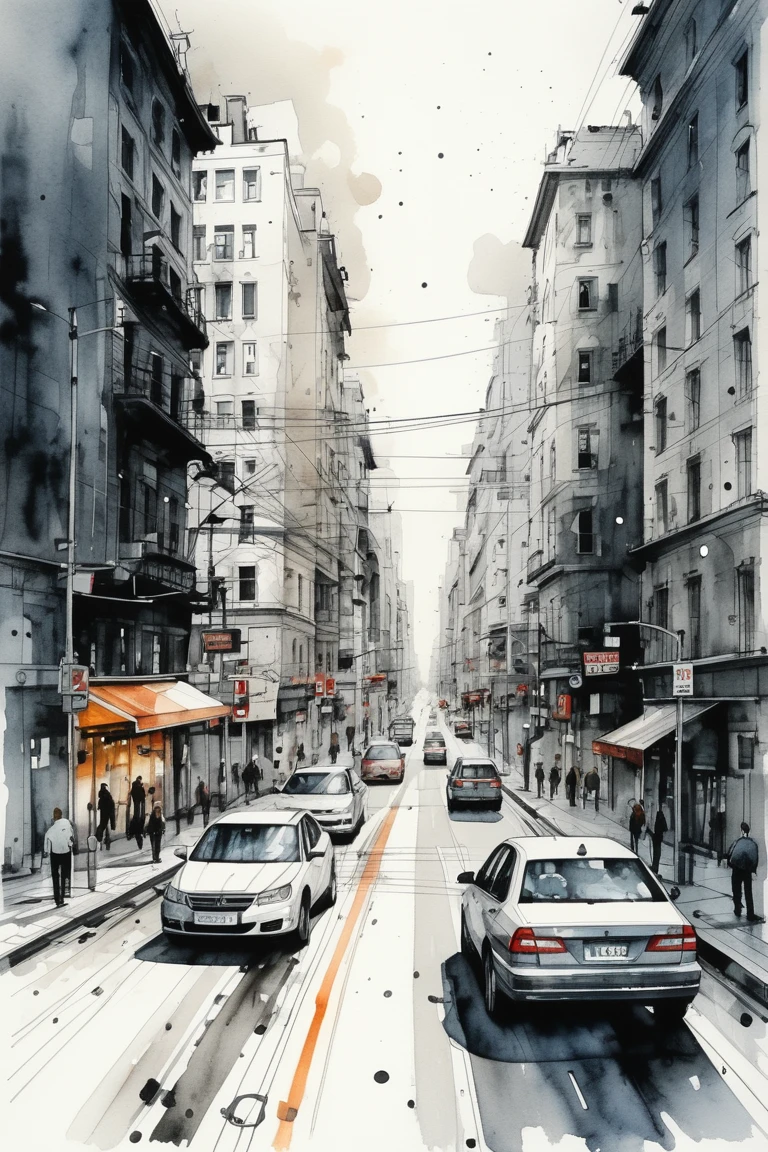 Big city, ink and wash, fluid lines, light watercolors, street and roadcross from creative perspective, (Best quality, perfect masterpiece, Representative work, official art, professional, High detail, Very complex detailed:1.3)