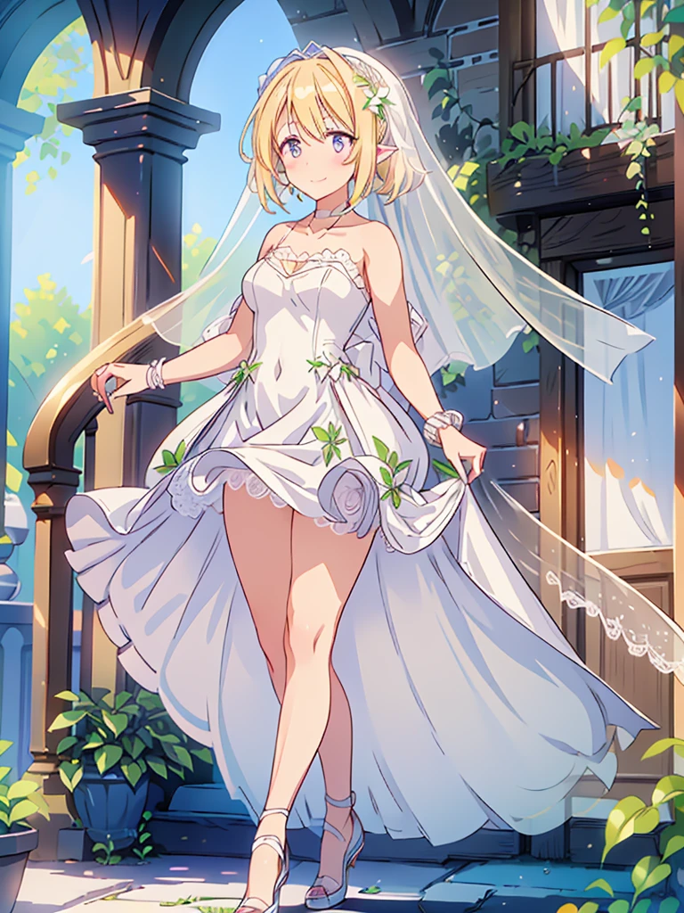 1girl, blonde hair, long hair, smiling at viewers, (white theme:1.5), (pure white elegant wedding dress:1.3), (sheer white wedding veil on head:1.4), (strapless white courselet with bold plunge:1.4), ((sleeveless, collarbone, upper):1.3), ((full-length hoop skirt, crinoline, fabric of skirt covers entire leg):1.3), (tulle lace on skirt:1.3), (beautiful intricate floral lace embroidery:1.3), (white bridal shoes:1.2)