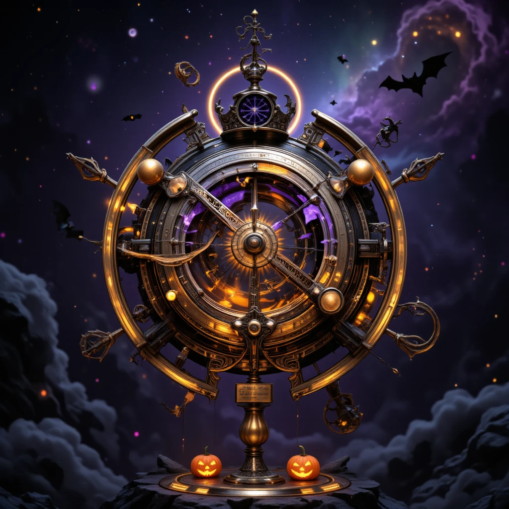 Decorate the orrery in Halloween style, background galaxy, cosmic rays, delicate and dynamic textures, contrasts of light and shadow, 2.5D, artistic photography, hyper realistic, digital graphic CG, BREAK ultra detailed, absolutely resolution, best quality