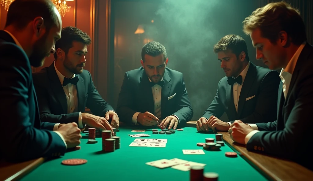 Three men sitting at a casino table playing cards and accompanied