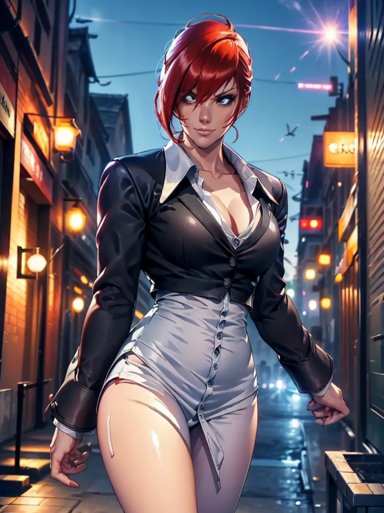 30-year-old woman, alone, alone, athletic, sensual, big breasts, red nails, semi-short red hair, wears brown pants, white shirt, open black jacket, video game character, The King of Fighters, Iori Yagami, blue fire, moonlight, young woman, beautiful perfect hands and fingers, perfect legs, beautiful body, beautiful nose, beautiful character design, perfect face, looks at viewer (focusing on the entire character), closed mouth, Light_Smile, official art, Background 8k CG display, extremely detailed unit, perfect lighting, bright and colorful front lighting, glossy skin (masterpiece: 1.0), (best quality: 1.0), ultra-high resolution, 4K, ultra-detailed photography, 8K, HDR, high resolution, nonsense: 1.2, Kodak portra 400, film grain, background blur, bokeh: 1.2, lens flare, (vibrant_color: 1.2), professional photography, (beautiful_face: 1.5), (narrow waist)
