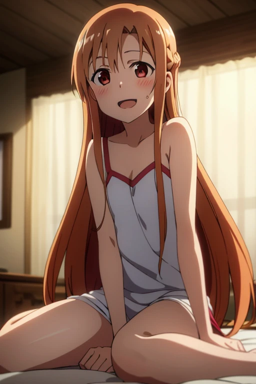 ((Best Quality)), ((masterpiece)), (be familiar with),  perfect face, indoor, bedroom,  watching viewers,
One woman, Yuuki Asuna,
Open Mouth, Ecstatic expression, blush, smile,
Small breasts,  flat chest, , , child, Girl,
Long Hair,  long hair,
Leg spread,