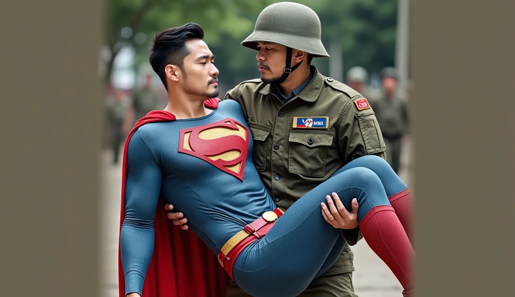 Superman,  30-year-old Korean face , Attractive, the blue Superman suit with muscular,, (Black undercut ,   blue leggings and red cape and red boots and red panties：0.8), 16k,UHigh quality, [dslr,  crazy details , Winning photos,HD

Superman was unconscious, his eyes closed, and his whole body was limp as he was picked up by A male soldier.
They kissmeach other.kiss deep