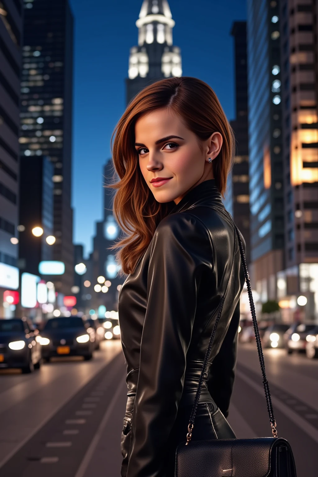 A captivating Emma Watson stands in the heart of the city, exuding elegance and confidence. Her long, flowing hair catches the city lights as they reflect off the glass buildings around her. She wears a chic, modern outfit that perfectly complements hegure, making her stand out amidst the urban backdrop. Her eyes meet the viewer’s gaze with a warm, inviting expression, and a subtle smile plays on her lips. The bustling cityscape, with its vibrant lights and towering structures, contrasts beautifully with her calm and poised demeanor, creating a stunning visual of grace in the midst of urban energy